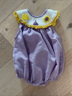 AWE SMOCKS purple gingham baby bubble with LSU themed embroidered motifs 18M